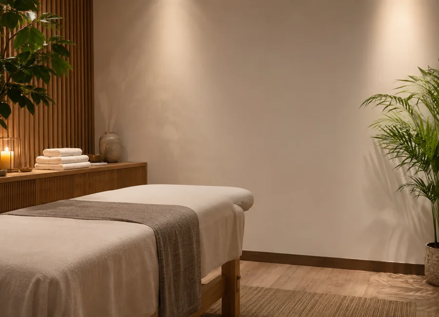 Warm and tranquil massage studio with plants, towels, and soft lighting